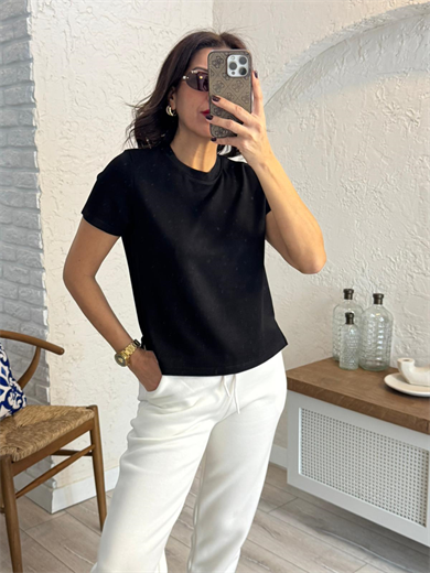 Bisiklet Yaka Yan Yırtmaçlı Crop Tshirt Siyah