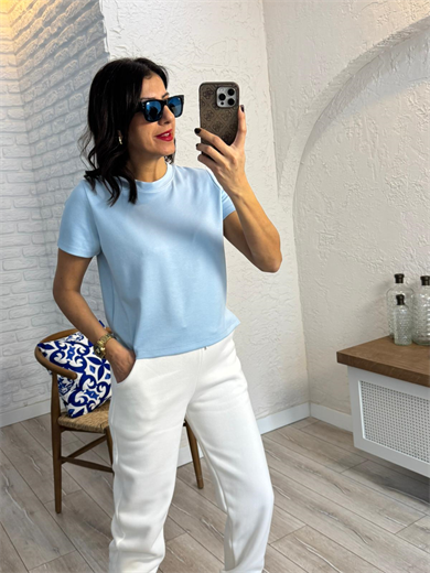 Bisiklet Yaka Yan Yırtmaçlı Crop Tshirt Bebe Mavi 