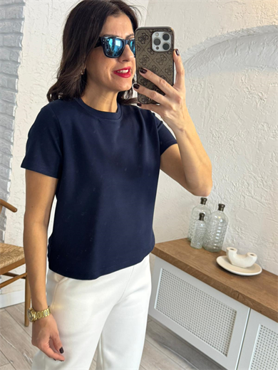Bisiklet Yaka Yan Yırtmaçlı Crop Tshirt  Lacivert 
