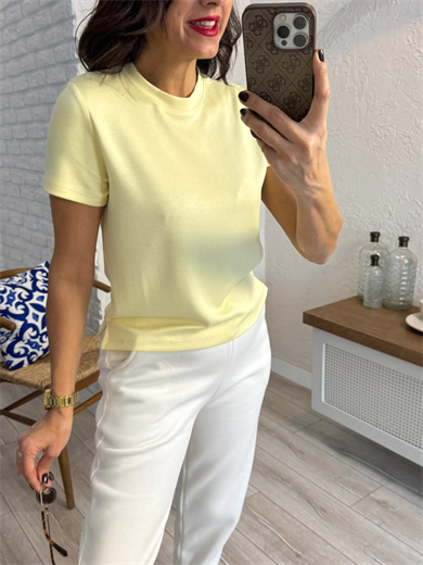 Bisiklet Yaka Yan Yırtmaçlı Crop Tshirt  Sarı