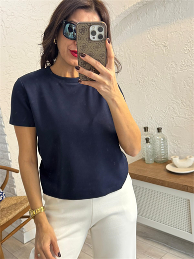 Bisiklet Yaka Yan Yırtmaçlı Crop Tshirt  Lacivert 