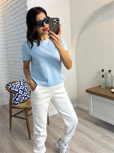 Bisiklet Yaka Yan Yırtmaçlı Crop Tshirt Bebe Mavi 