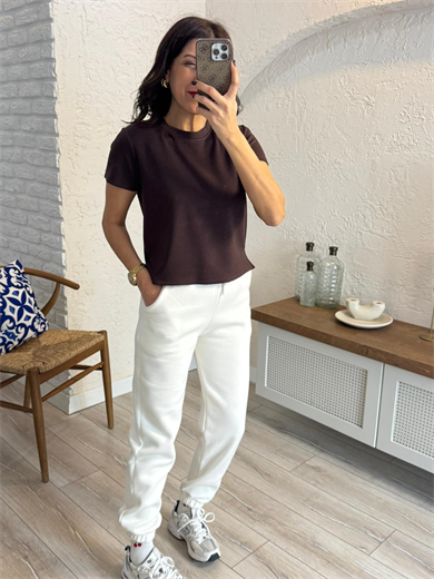 Bisiklet Yaka Yan Yırtmaçlı Crop Tshirt Kahve 