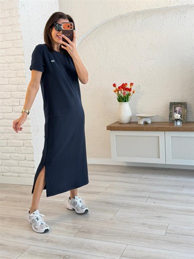 Bisiklet Yaka Yan Yırtmaçlı Modal Elbise  Lacivert