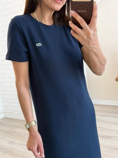 Bisiklet Yaka Yan Yırtmaçlı Modal Elbise  Lacivert