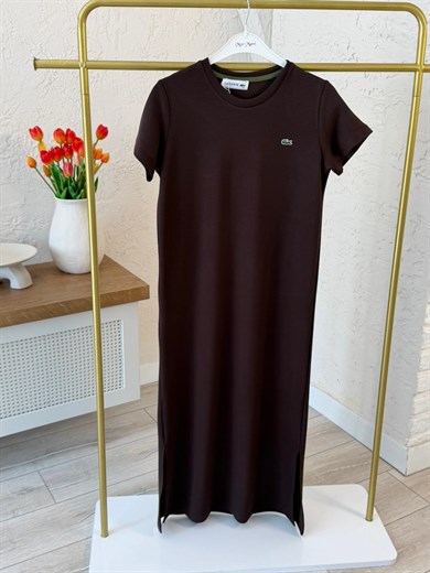 Bisiklet Yaka Yan Yırtmaçlı Modal Elbise Kahverengi