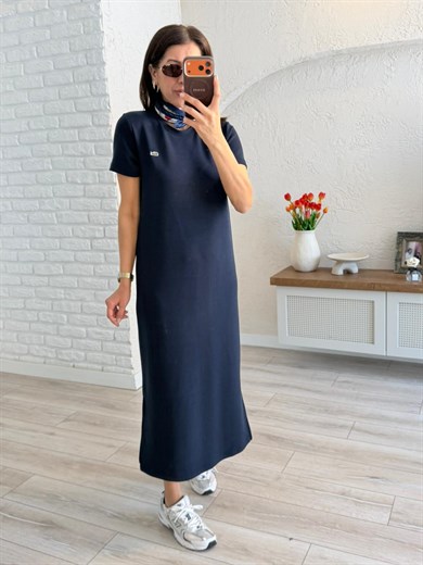 Bisiklet Yaka Yan Yırtmaçlı Modal Elbise  Lacivert
