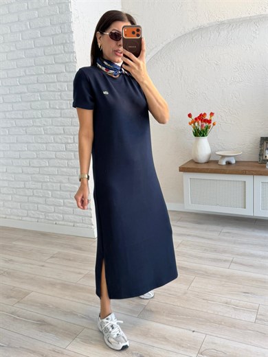Bisiklet Yaka Yan Yırtmaçlı Modal Elbise  Lacivert