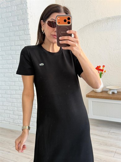 Bisiklet Yaka Yan Yırtmaçlı Modal Elbise Siyah 