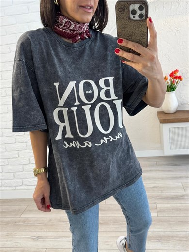 Bonjour Baskılı Oversize Tişört Antrasit 