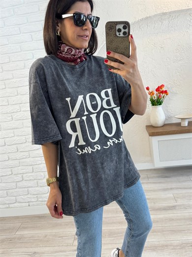 Bonjour Baskılı Oversize Tişört Antrasit 