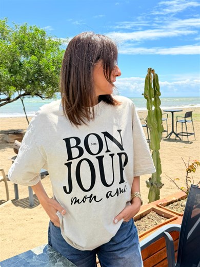 Bonjour Baskılı Oversıze Tişört Eskitme Taş