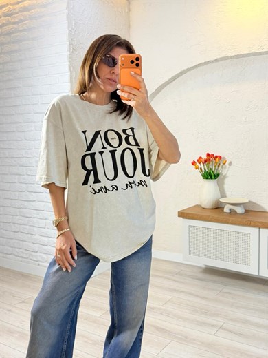 Bonjour Baskılı Oversıze Tişört Eskitme Taş