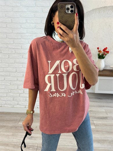 Bonjour Baskılı Oversize Tişört Kiremit