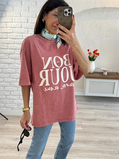 Bonjour Baskılı Oversize Tişört Kiremit