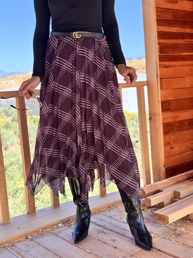 Bordo Parçalı Ekose Etek