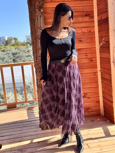 Bordo Parçalı Ekose Etek