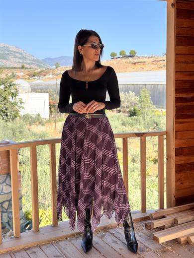 Bordo Parçalı Ekose Etek