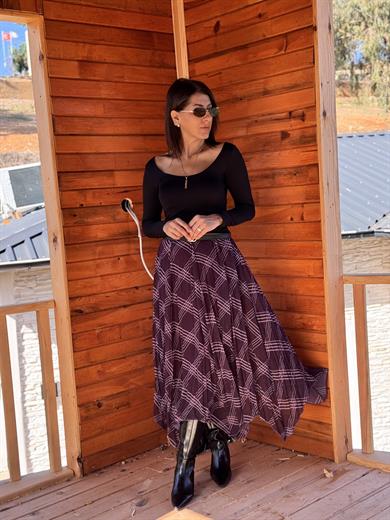 Bordo Parçalı Ekose Etek