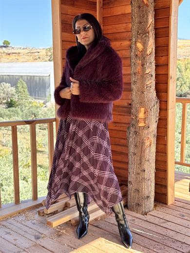 Bordo Parçalı Ekose Etek