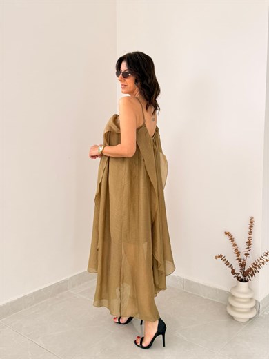 Büzgülü İç Astarlı İnce Askılı Uçuş Elbise Olive