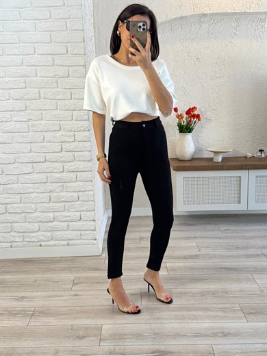 Çelik Kumaş Ön Düğmeli Kemer Detaylı Tayt Siyah