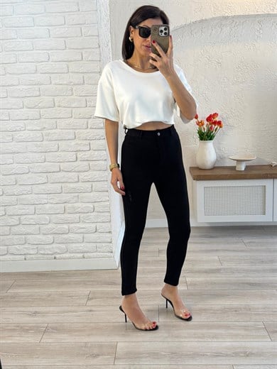 Çelik Kumaş Ön Düğmeli Kemer Detaylı Tayt Siyah