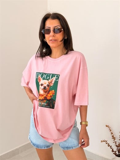 Chubby Baskılı Oversize Tişört Eskitme Pudra