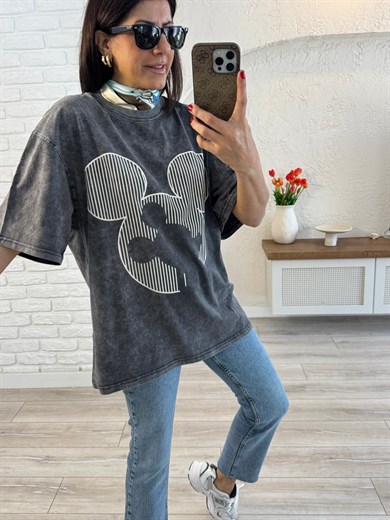 Çizgi Miki Baskılı Oversize Tişört Antrasit 