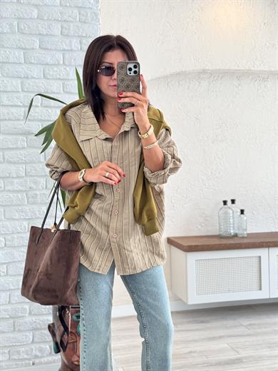 Çizgili Salaş Gömlek Haki