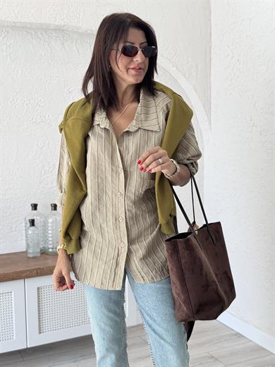 Çizgili Salaş Gömlek Haki