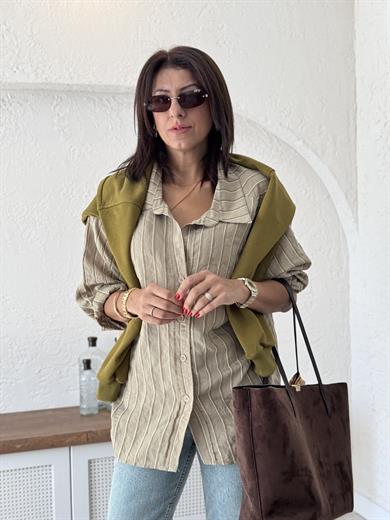 Çizgili Salaş Gömlek Haki