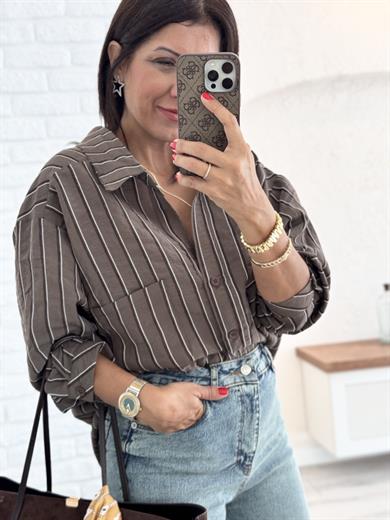 Çizgili Şalaş Gömlek Kahverengi