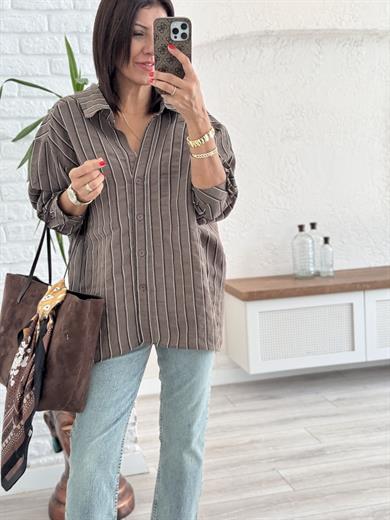 Çizgili Şalaş Gömlek Kahverengi