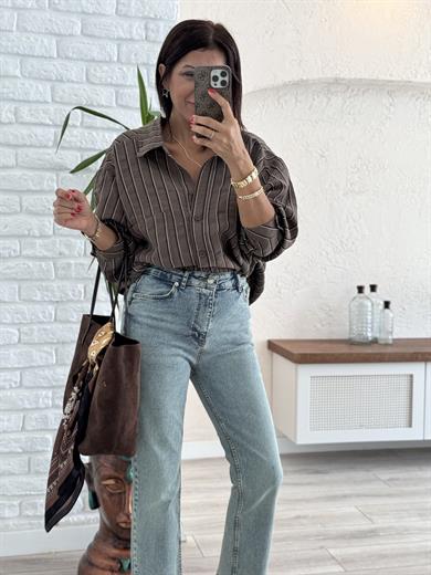 Çizgili Şalaş Gömlek Kahverengi