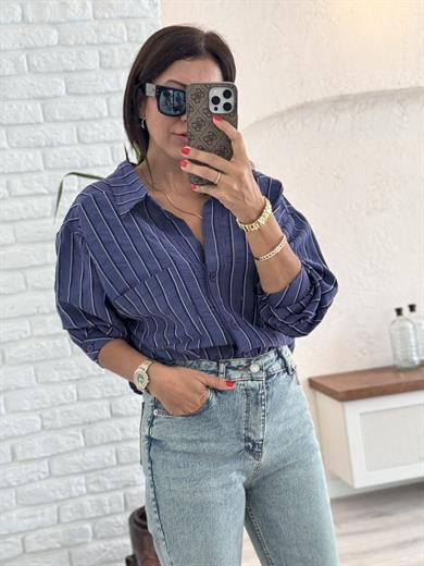 Çizgili Salaş Gömlek Lacivert
