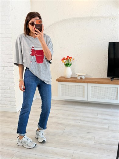 Coffee Baskılı Oversıze Tişört Eskitme Gri