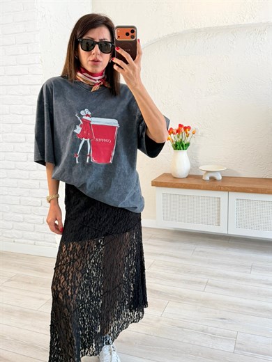 Coffee Baskılı Oversıze Tişört Eskitme Antrasit