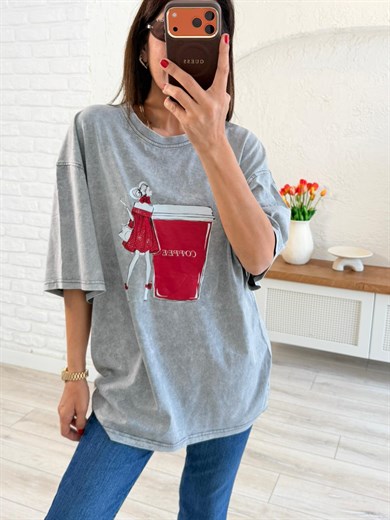 Coffee Baskılı Oversıze Tişört Eskitme Gri