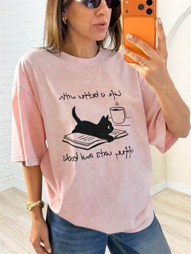 Coffee Cats Baskılı Oversıze Tişört Eskitme Pudra