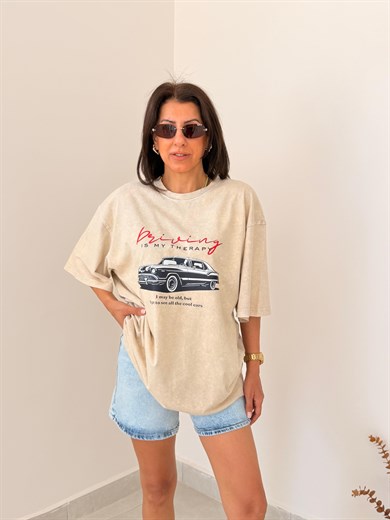 Cool Araba Baskılı Oversize Tişört Eskitme Taş