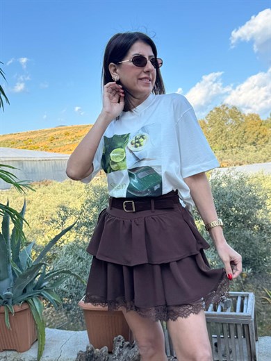 Dantel Detaylı Süet Kemerli Kat Kat Etek Kahve