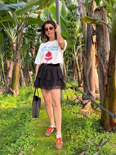 Dantel Detaylı Süet Kemerli Kat Kat Etek Siyah