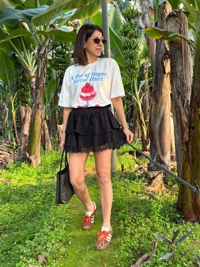 Dantel Detaylı Süet Kemerli Kat Kat Etek Siyah