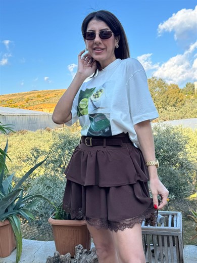 Dantel Detaylı Süet Kemerli Kat Kat Etek Kahve