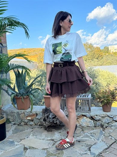 Dantel Detaylı Süet Kemerli Kat Kat Etek Kahve