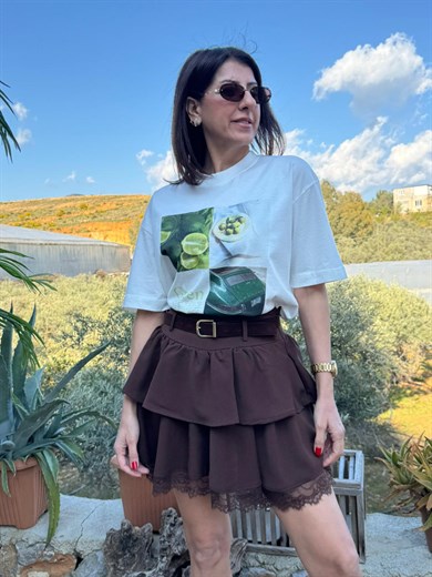 Dantel Detaylı Süet Kemerli Kat Kat Etek Kahve