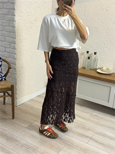 Dikiş Detaylı Volanlı Dantel Etek Kahve