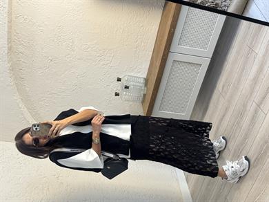 Dikiş Detaylı Volanlı Dantel Etek Siyah