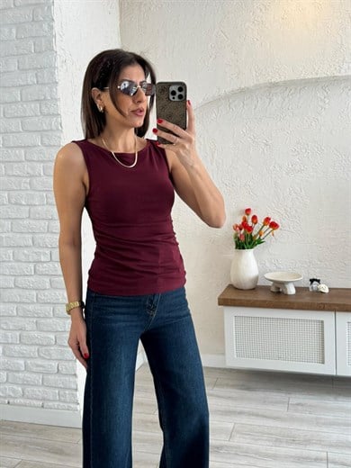 Dilvin Büzgülü Kayık Yaka Crop Top Bordo